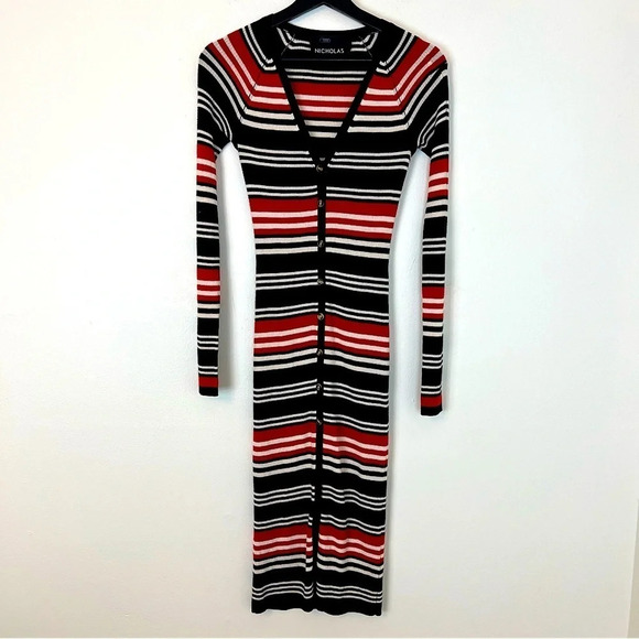 Nicholas Rib Knit Stripe Wool Bodycon Cardigan Dress Black Red XS Classic Winter - Picture 1 of 7